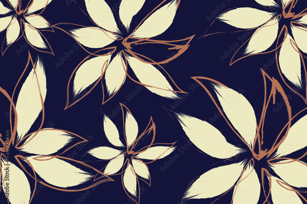 a dark navy blue background, which provides a strong contrast with the lighter elements. A Floral brush strokes seamless pattern design a dark navy blue background, which provides a strong contrast with the lighter elements. A Floral brush strokes seamless pattern design