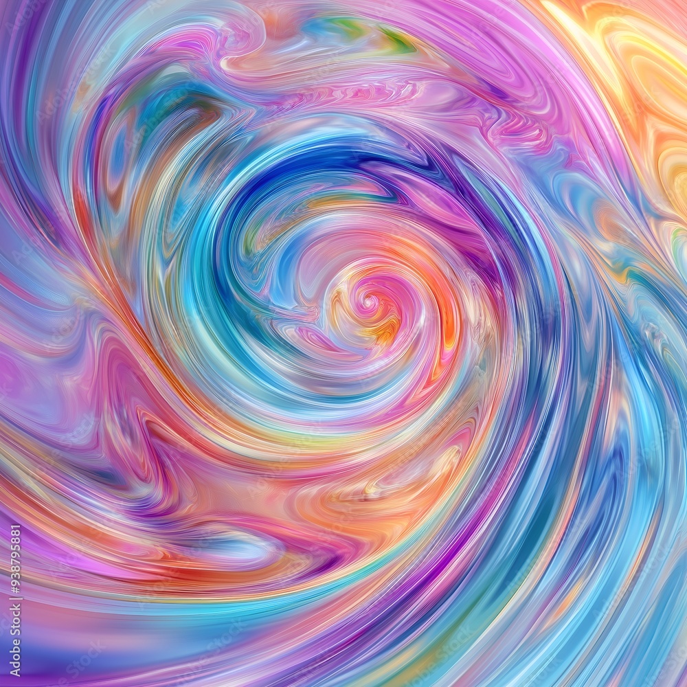 Fototapeta premium Holo 3d swirl, neon background. Fluid spiral holographic colored texture. Digital illustration of colorful fluid waves with reflections in rainbow shades. Acrylic, plastic surface, abstract wallpaper