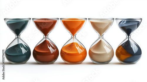 hourglass with sand, set of six glass sand timers on a white background, hourglass isolated on white