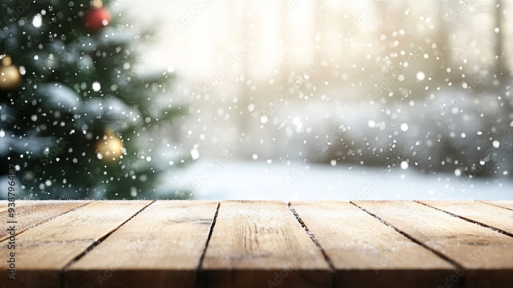 Wood table top on blur Christmas tree in snowfall background - can be used for display or montage your products Wood table top on blur Christmas tree in snowfall background - can be used for display or montage your products