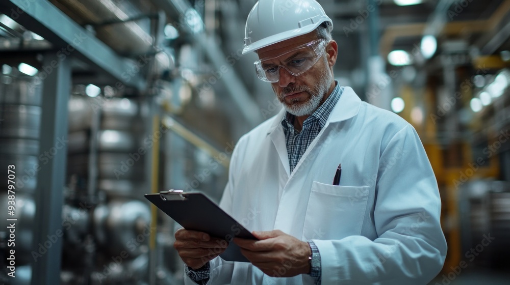 A man in a white lab coat is looking at a clipboard A man in a white lab coat is looking at a clipboard