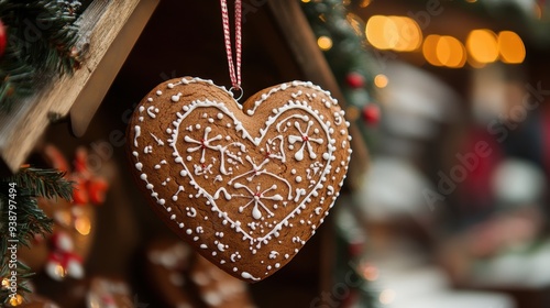 A beautifully decorated gingerbread heart cookie with intricate icing designs, hanging on a wooden stall at a Christmas market, evoking a warm and cheerful holiday spirit