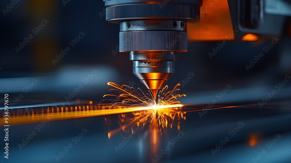 Laser Cutting Machine In Action With Sparks. Laser Cutting Machine In Action With Sparks.