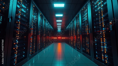 A data center interior with rows of servers blinking lights indicating constant processing state-of-the-art cooling systems ensuring optimal performance AI-driven algorithms managing data flow and