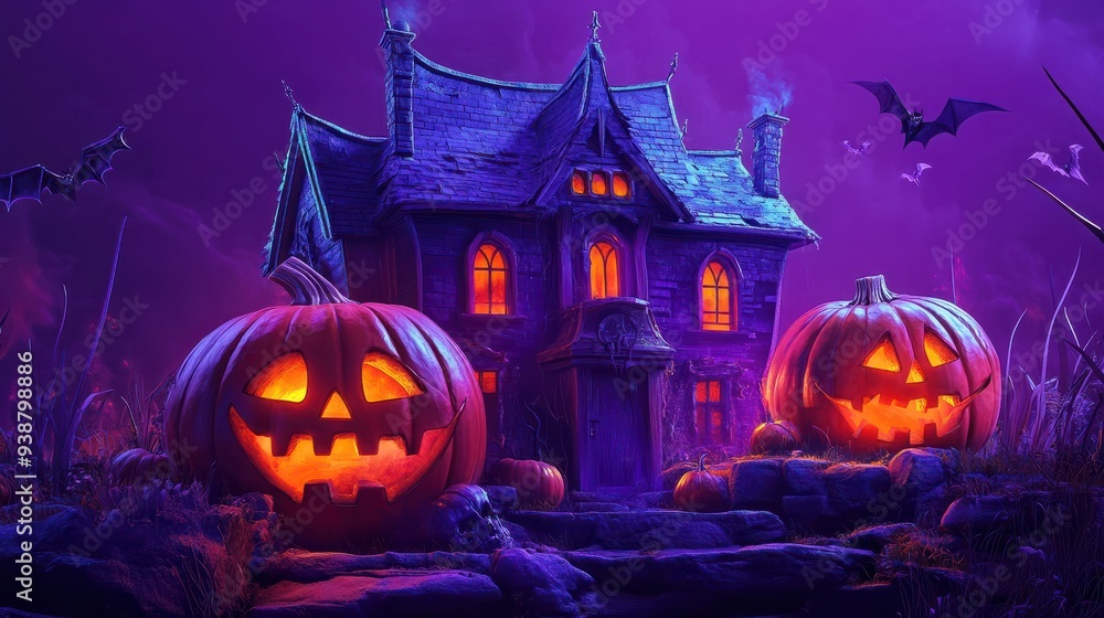 Fototapeta premium graphic t-shirt design style halloween haunted house. pumpkin heads. violet background