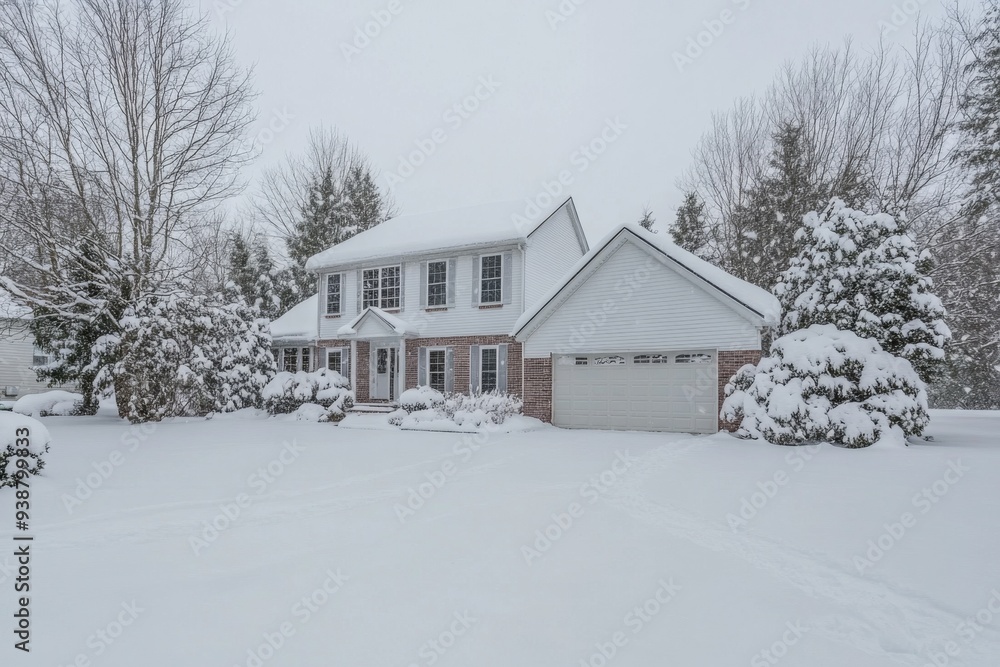 A beautiful suburban house covered in snow, with a perfect landscape and architecture A beautiful suburban house covered in snow, with a perfect landscape and architecture