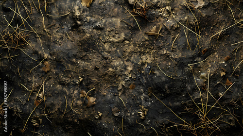 Dark Soil Background with Scattered Dry Leaves and Twigs