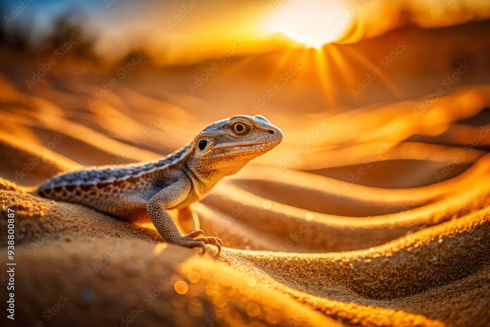 Fototapeta premium Softly scaled lizard blending seamlessly into sandy dunes under warm golden light, shot from a tilted angle with shallow depth of field, rich textures and warm tones.