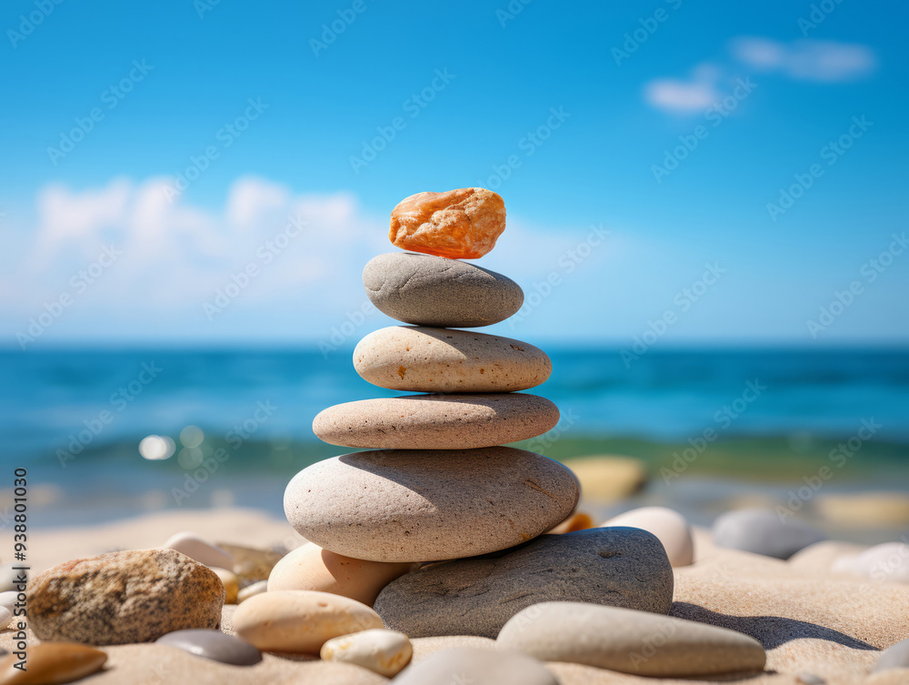 Fototapeta premium Superb zen landscape with a stack of pebbles in sand against a sunset sky