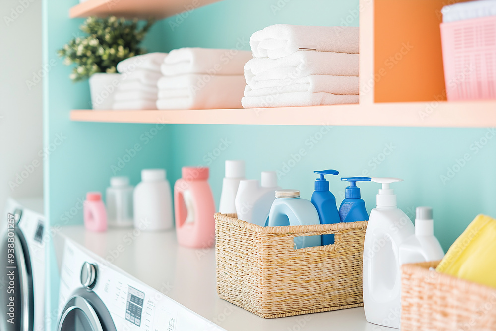 Freshly organized laundry room with neatly stacked towels and colorful cleaning supplies, creating sense of cleanliness and order. Freshly organized laundry room with neatly stacked towels and colorful cleaning supplies, creating sense of cleanliness and order.