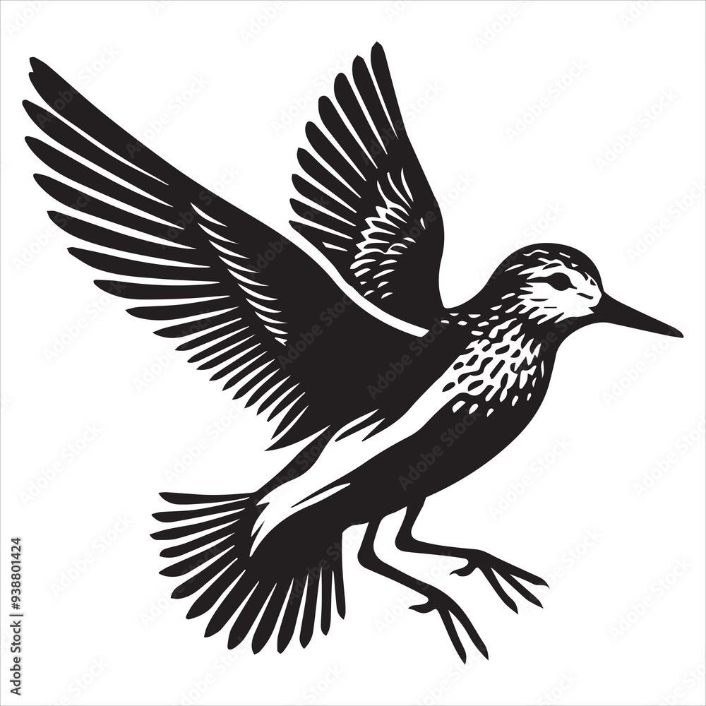 Western Sandpiper Silhouette, Calidris mauri Clipart, Western Sandpiper hovering Illustration in black and white Western Sandpiper Silhouette, Calidris mauri Clipart, Western Sandpiper hovering Illustration in black and white