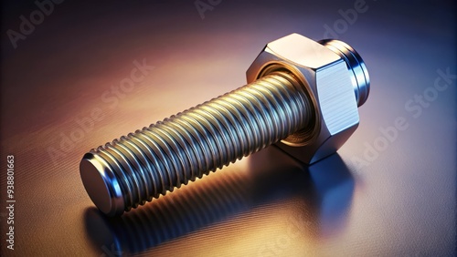 Isometric view of a sturdy bolt with intricate details of threads and grooves against a soothing gradient background, capturing a sense of industrial elegance in high-angle shot.