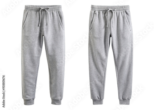 A pair of grey sweatpants with a drawstring waist and pockets is shown from the front and back on a white background photo