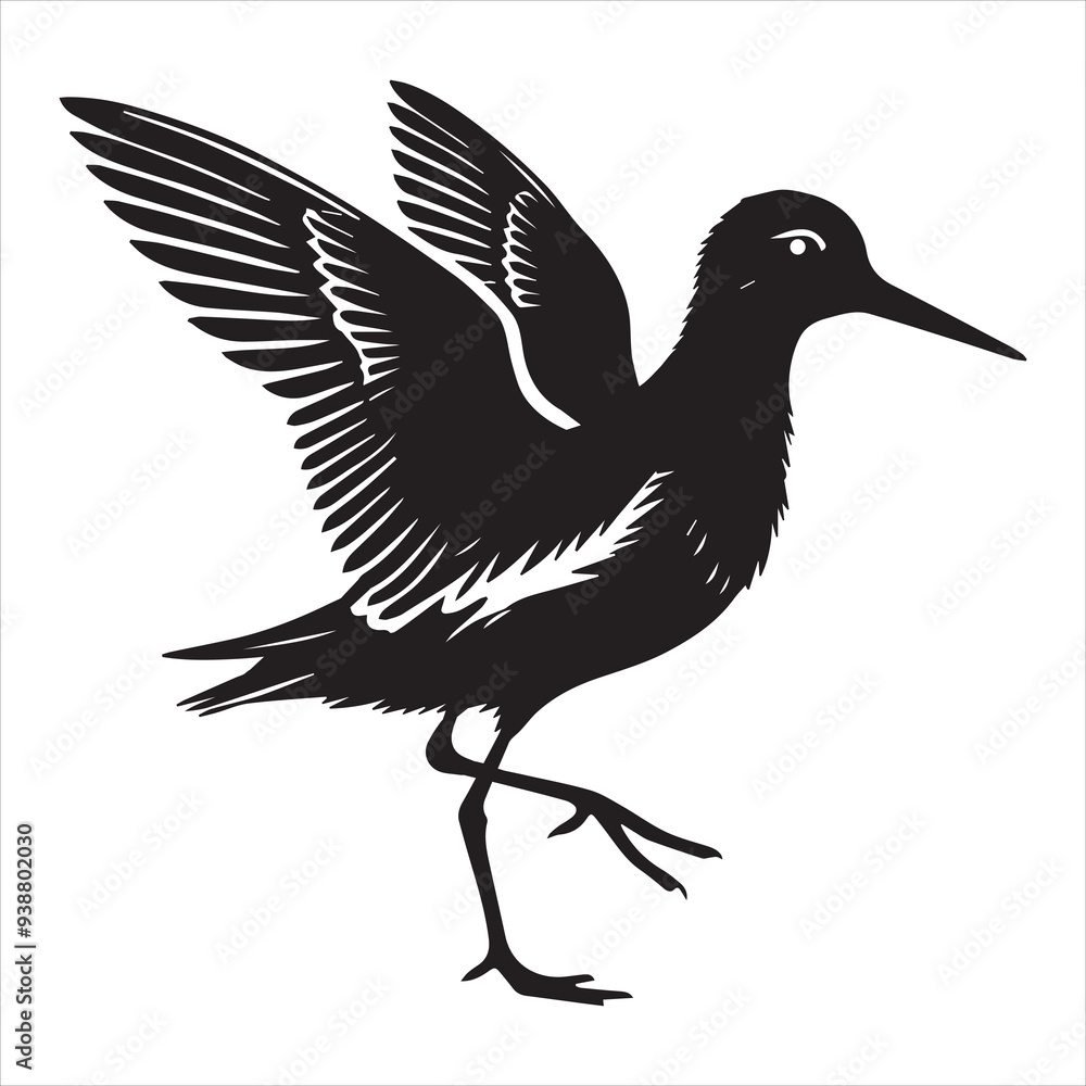 Obraz premium Western Sandpiper Silhouette, Calidris mauri Clipart, Western Sandpiper wings fully extended backward Illustration in black and white