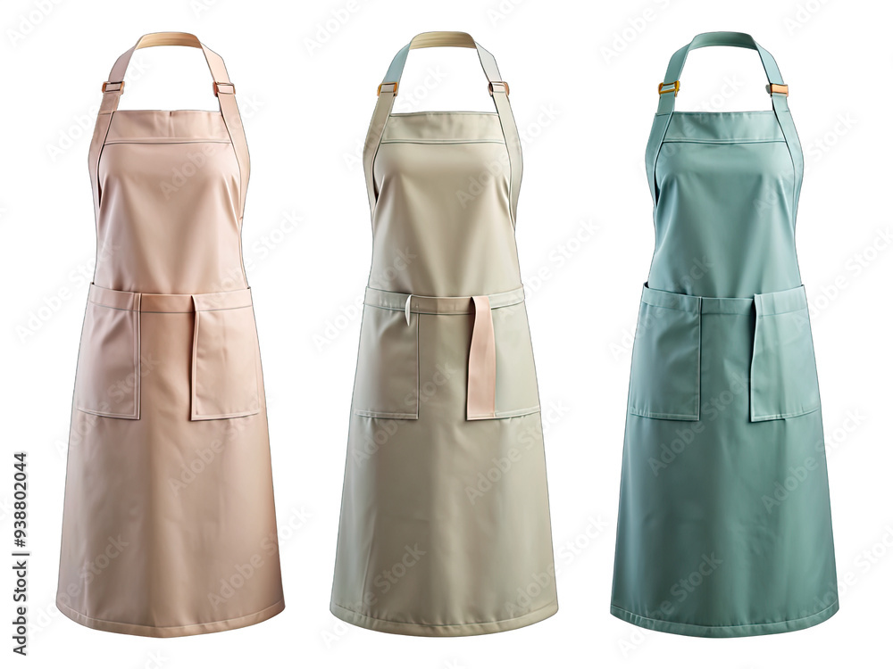 Three new aprons in pastel colors on white background. Made of soft fabric with single large pocket on front Three new aprons in pastel colors on white background. Made of soft fabric with single large pocket on front
