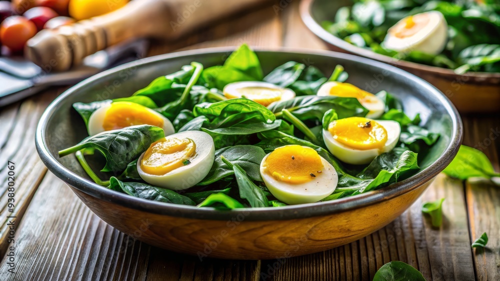Fresh spinach and cracked eggs converge in a vibrant, sunlit bowl, green and yellow hues clashing in a delicious harmony of textures and simplicity. Fresh spinach and cracked eggs converge in a vibrant, sunlit bowl, green and yellow hues clashing in a delicious harmony of textures and simplicity.