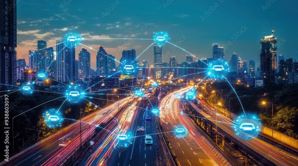 A smart city at dusk, with advanced infrastructure, autonomous vehicles, and brightly lit buildings, showcasing the integration of technology into urban living and the future of smart cities A smart city at dusk, with advanced infrastructure, autonomous vehicles, and brightly lit buildings, showcasing the integration of technology into urban living and the future of smart cities
