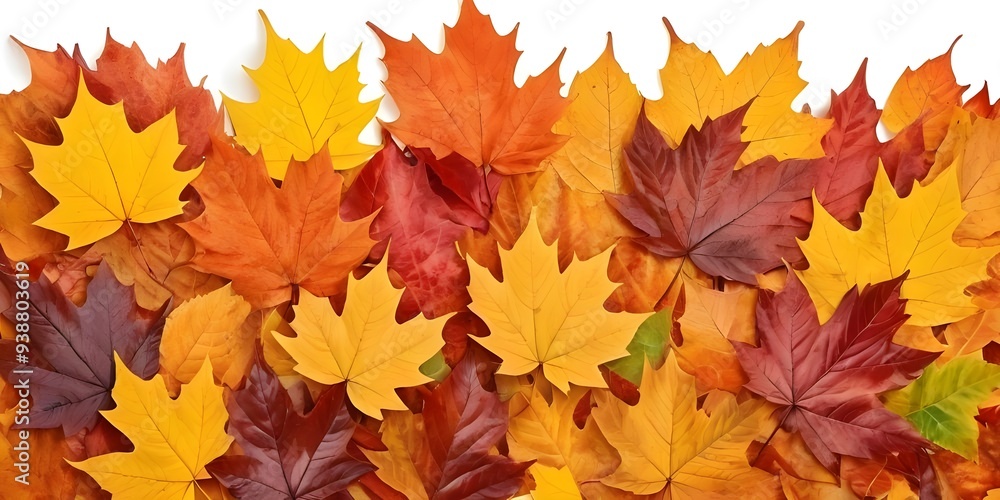 Colorful autumn leaves arranged in various shades of red, orange, and yellow on a white background in a seasonal display Colorful autumn leaves arranged in various shades of red, orange, and yellow on a white background in a seasonal display