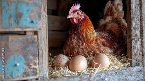 chicken hatching eggs in nest of straw inside a wooden henhouse photo