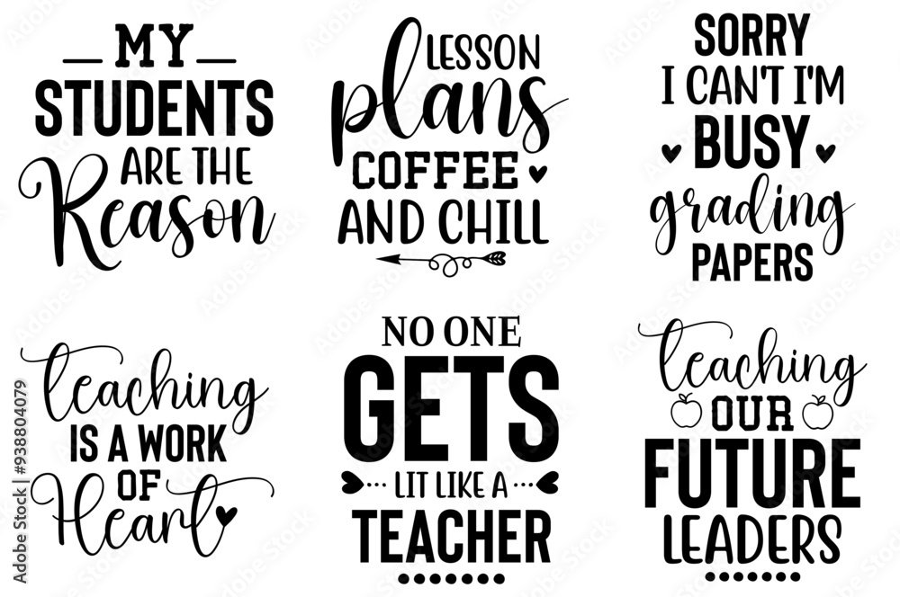 Fototapeta premium Creative Teacher Typography, Trendy Retro Style Illustration Bundle Vector Illustration for Packaging, Book Cover, Bookmark