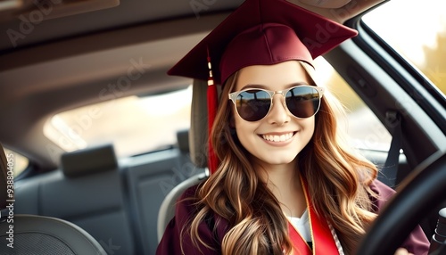 A girl with a pair of happy sunglasses in a car on the way to her high school graduation.