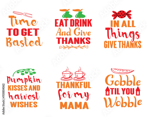 Minimalist Thanksgiving Labels And Badges, Calligraphic Lettering Set Vector Illustration for Logo, Flyer, Bookmark