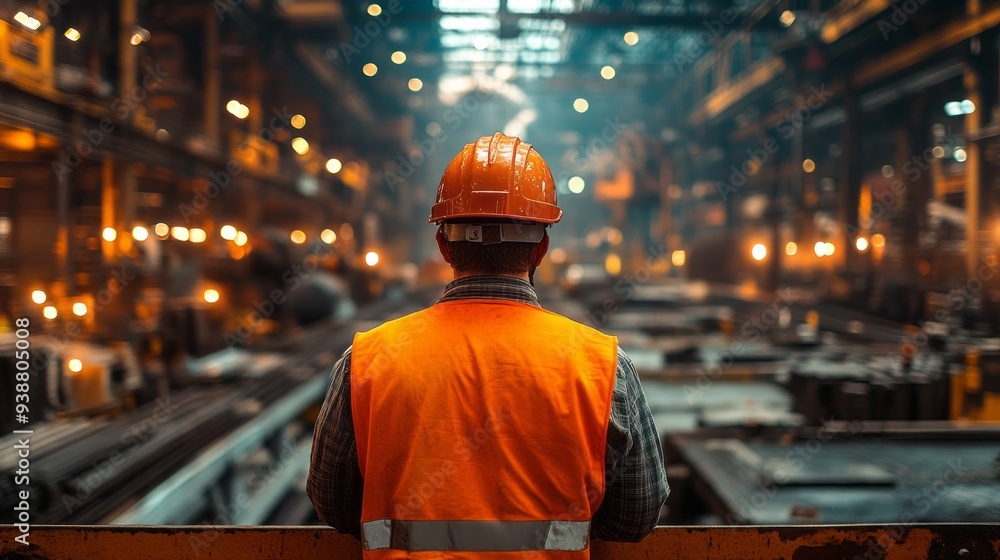 A man in an orange safety vest stands in a large industrial building A man in an orange safety vest stands in a large industrial building