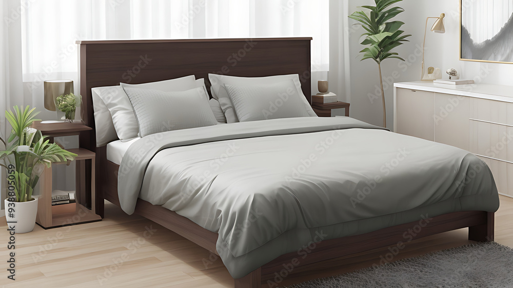 A stylish bedroom with a comfortable bed, luxurious bedding, soft lighting, modern furniture, and a soothing color palette A stylish bedroom with a comfortable bed, luxurious bedding, soft lighting, modern furniture, and a soothing color palette