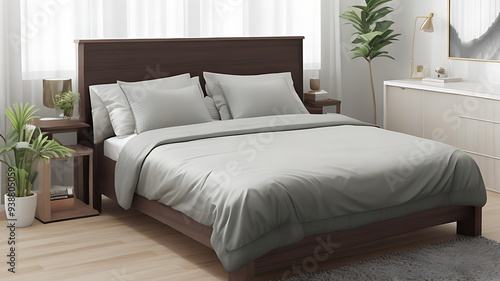 A stylish bedroom with a comfortable bed, luxurious bedding, soft lighting, modern furniture, and a soothing color palette