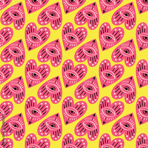 Bright vivid Valentines Day seamless pattern with magical hearts.. Valentine characters background