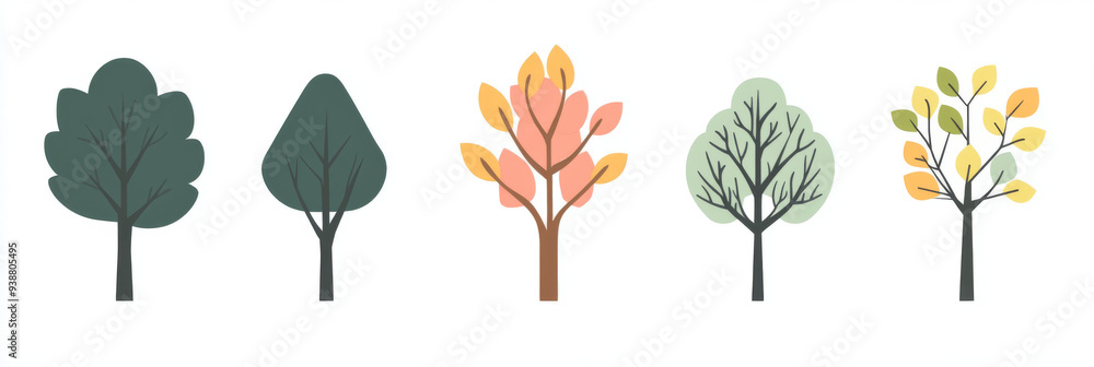 A row of trees with different colors of leaves A row of trees with different colors of leaves