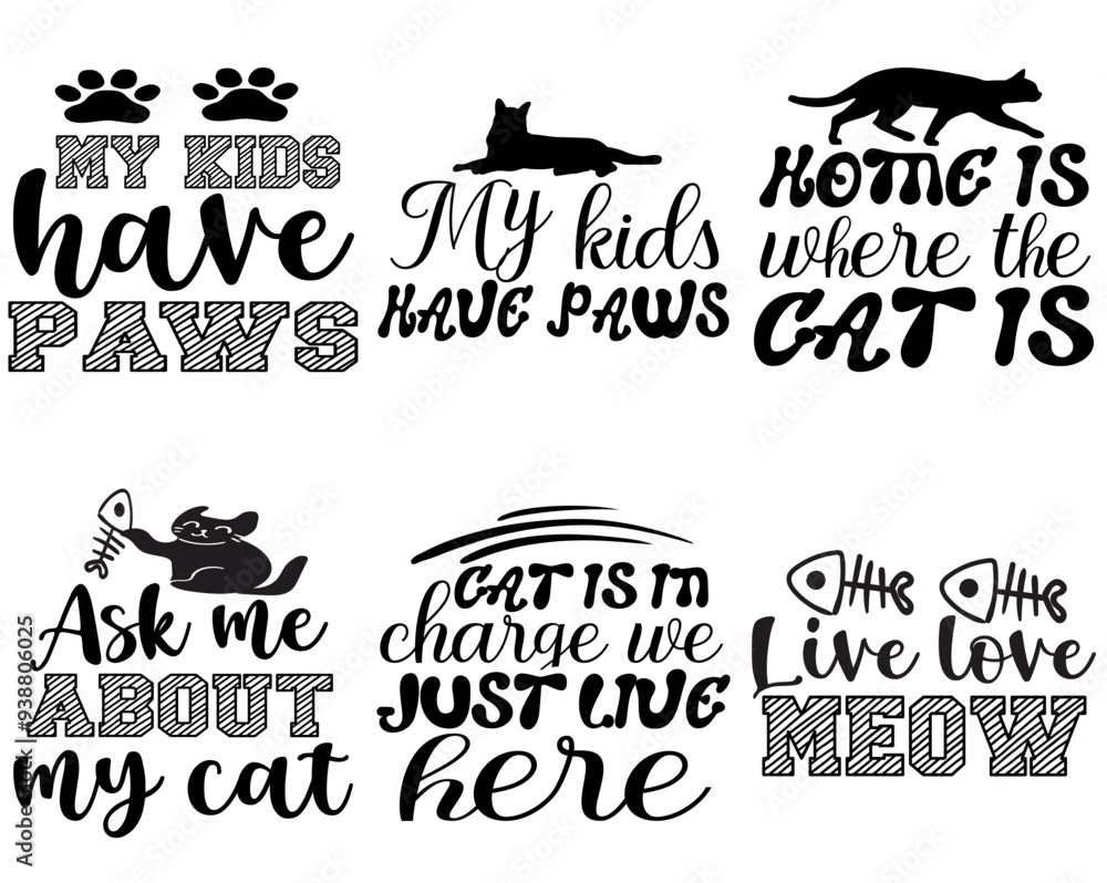 Obraz premium Minimal Cat Inscriptions, Hand Lettering Bundle Vector Illustration for Packaging, Label, Brochure