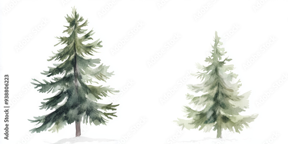 Two trees are shown in a painting, one is taller than the other Two trees are shown in a painting, one is taller than the other