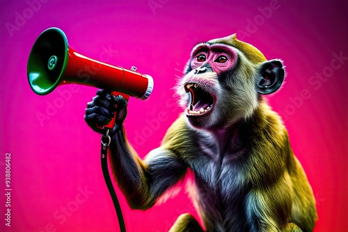 Dynamic Monkey Yelling into Bullhorn on Bright Magenta Background