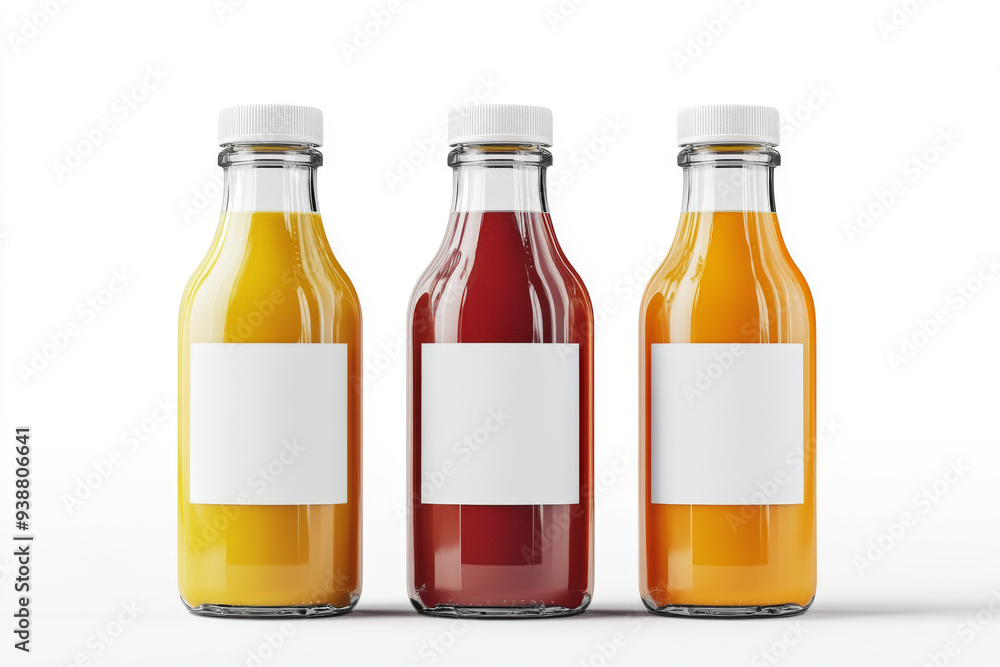Three bottles of juice with white labels. One is orange, one is red, and one is yellow Three bottles of juice with white labels. One is orange, one is red, and one is yellow