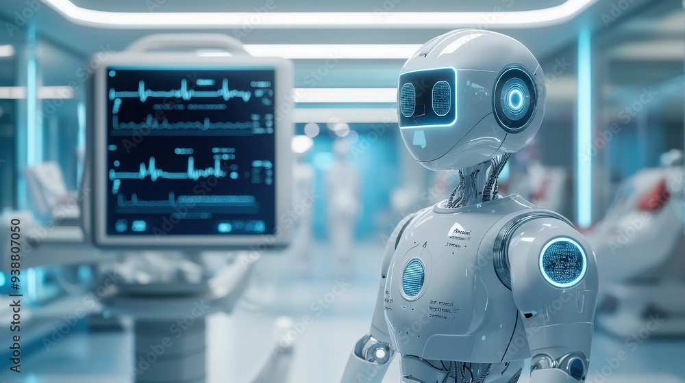 A futuristic hospital or clinic with AI-powered diagnostic tools, robots assisting medical staff, and seamless data integration, showcasing the impact of AI and smart technology in healthcare A futuristic hospital or clinic with AI-powered diagnostic tools, robots assisting medical staff, and seamless data integration, showcasing the impact of AI and smart technology in healthcare