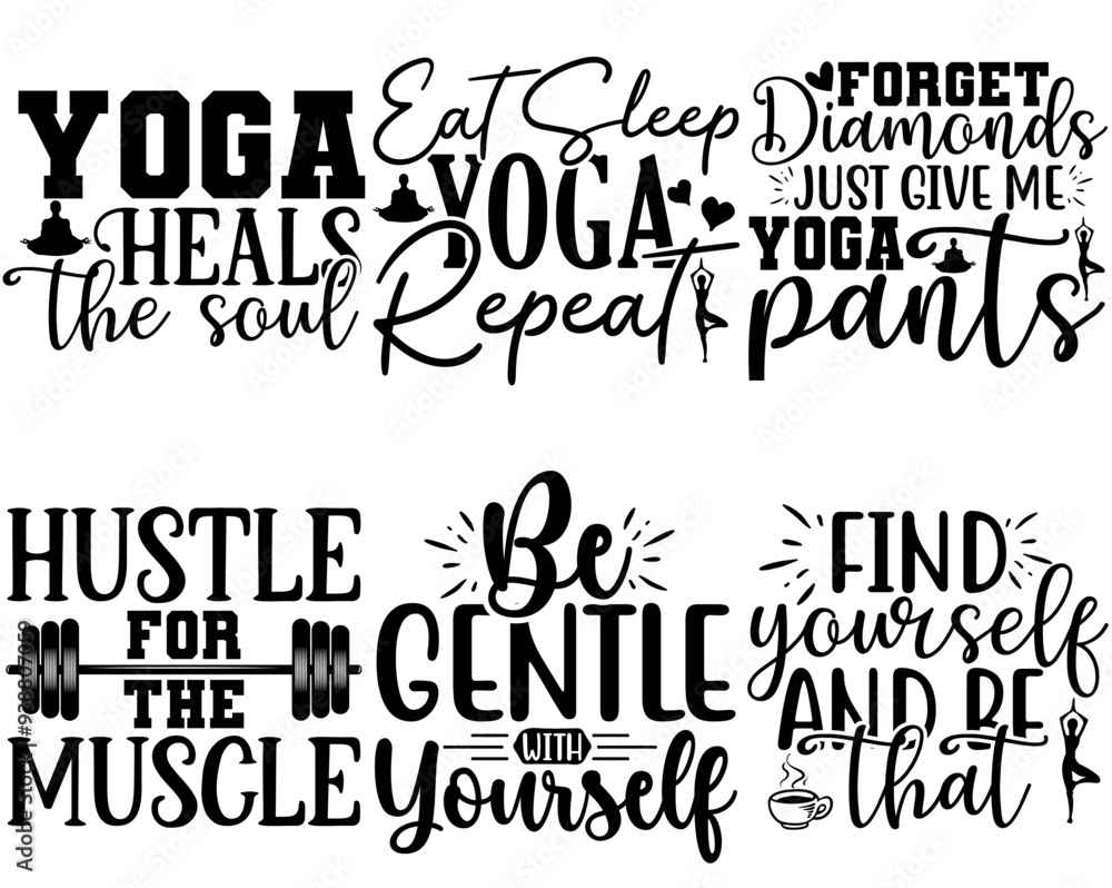 Fototapeta premium Minimal Yoga Calligraphic Lettering, Phrases Bundle Vector Illustration for Poster, Holiday Cards, T-Shirt Design