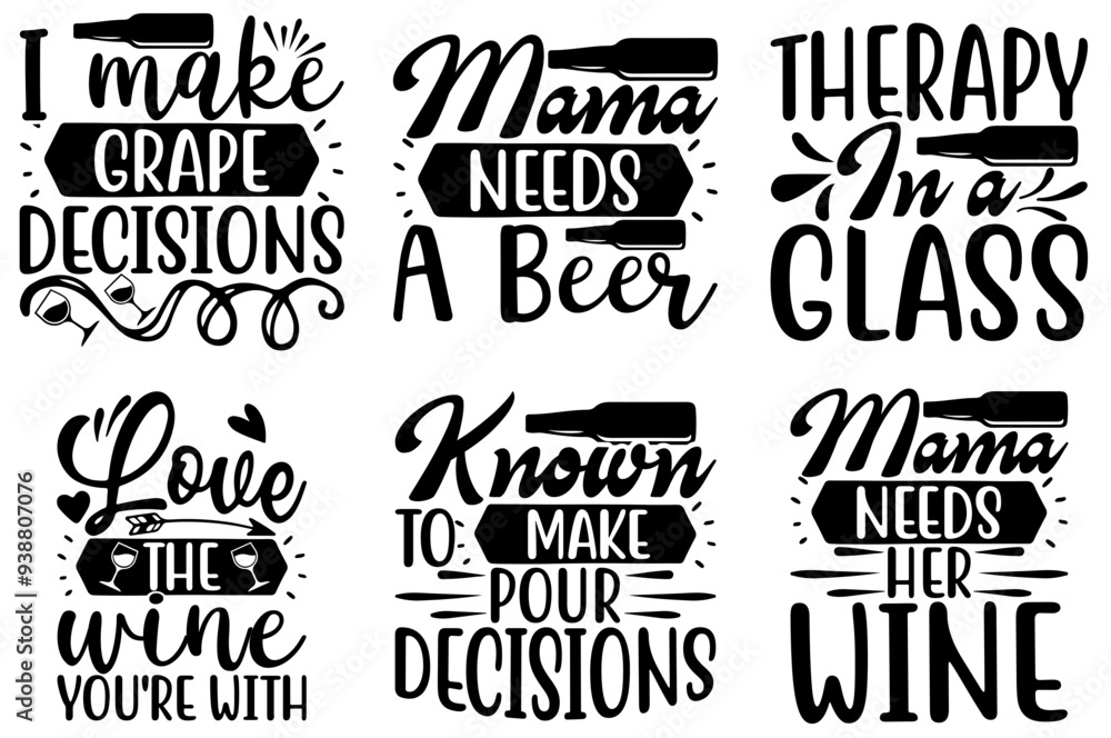 Fototapeta premium Decorative Wine Typography, Hand Lettering Bundle Vector Illustration for T-Shirt Design, Stationery, Printing Press