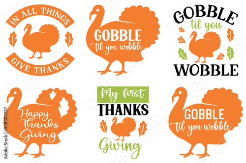 Decorative Thanksgiving Trendy Retro Style Illustration, Calligraphic Lettering Pack Vector Illustration for Bookmark, Sticker, Announcement