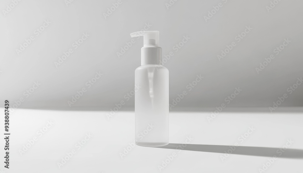 A clear bottle with a white cap sits on a white surface. Concept of emptiness and simplicity, with the bottle being the only object in the scene A clear bottle with a white cap sits on a white surface. Concept of emptiness and simplicity, with the bottle being the only object in the scene