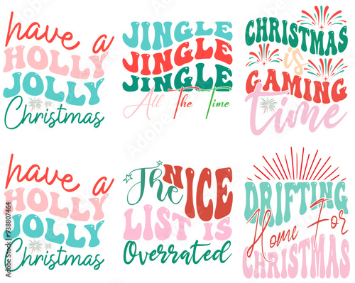 Decorative Retro Christmas Quotes, Hand Lettering Bundle Vector Illustration for Printable, Poster, Advertisement