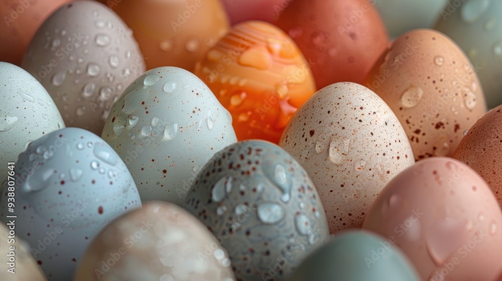Close-up of Colorful Speckled Eggs with Water Droplets in a Variety of Pastel Shades Close-up of Colorful Speckled Eggs with Water Droplets in a Variety of Pastel Shades