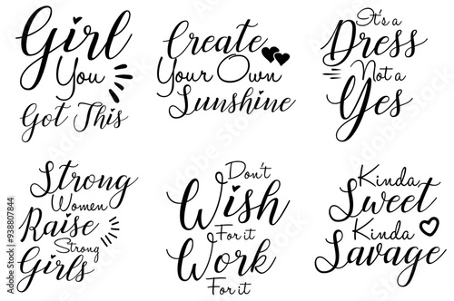 Elegant Girl Power Typographic Emblems, Labels And Badges Bundle Vector Illustration for Bookmark, Infographic, Printable