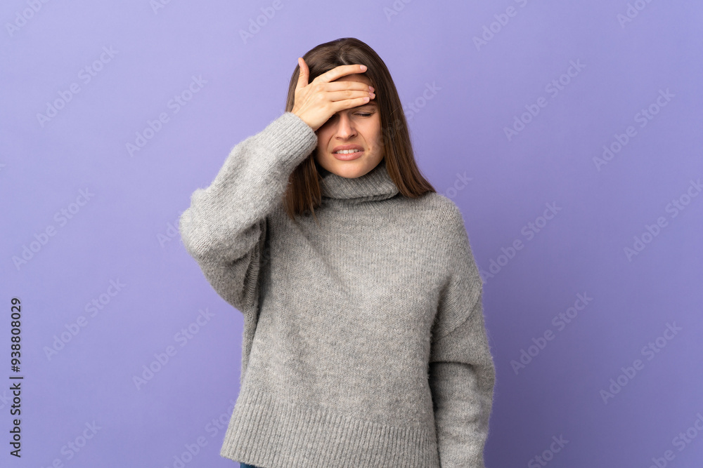 Young Slovak woman isolated on purple background with headache Young Slovak woman isolated on purple background with headache