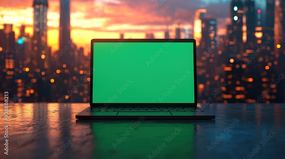 3D render of a blank green screen laptop standing on a table in front of a cityscape background 3D render of a blank green screen laptop standing on a table in front of a cityscape background