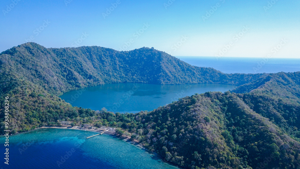 Obraz premium Aerial view of Satonda island, West Nusa Tenggara, Indonesia. traveling concept with sea and hill background