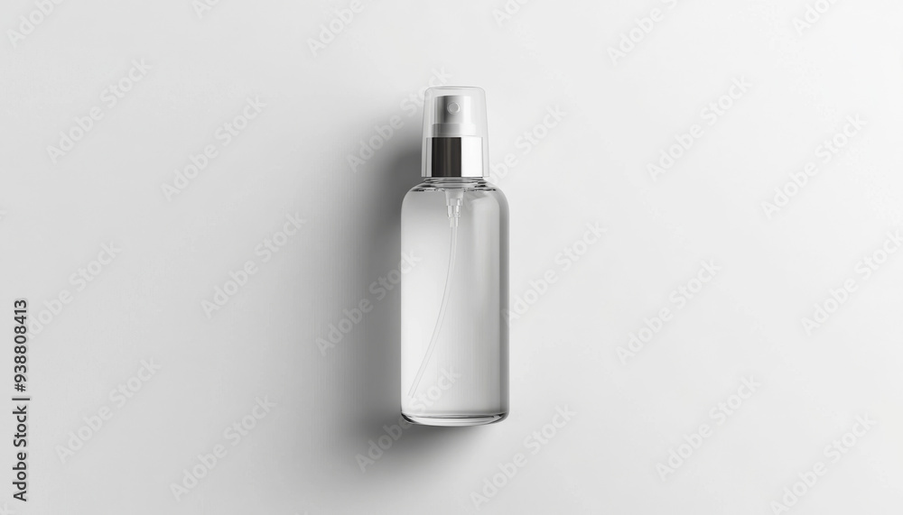 A clear bottle with a spray top sits on a white background. The bottle is empty and has a silver cap. Concept of simplicity and minimalism, with the focus on the clear bottle and its clean A clear bottle with a spray top sits on a white background. The bottle is empty and has a silver cap. Concept of simplicity and minimalism, with the focus on the clear bottle and its clean