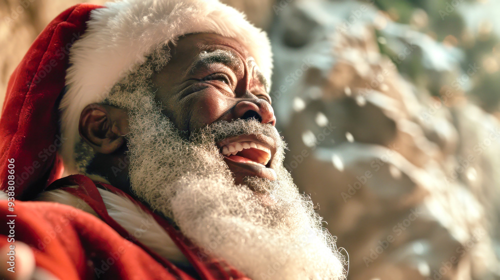 A jubilant dark-skinned Santa Claus joyfully slips down a snowy mountain, laughter echoing through the crisp winter air amidst a rustic and enchanting landscape