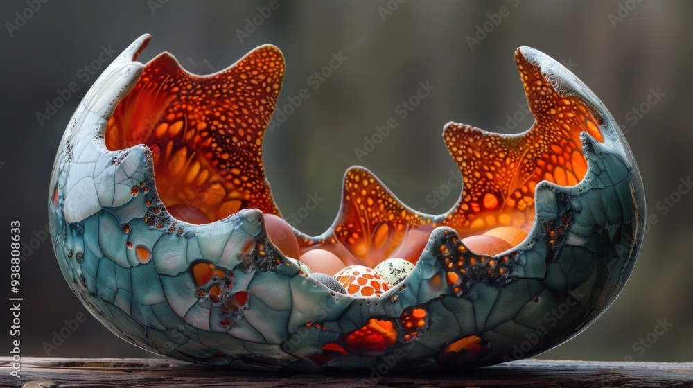 Fototapeta premium Artistic Ceramic Egg Sculpture with Intricate Patterns and Warm Lighting