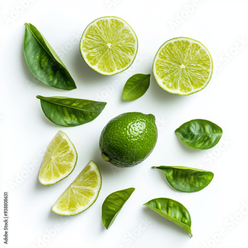 A lime is surrounded by green leaves and cut in half. The lime is the main focus of the image, while the leaves provide a contrasting background. Concept of freshness and natural beauty, as the lime